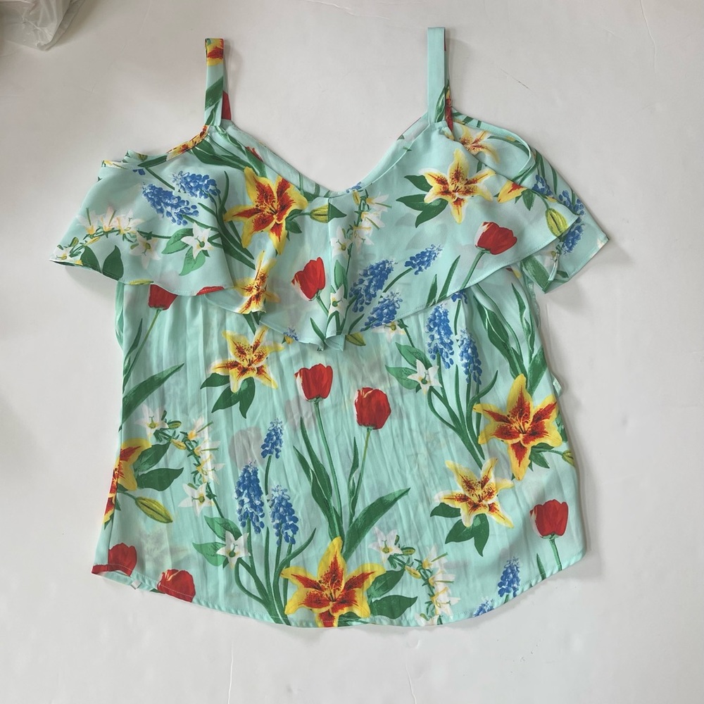 7th Avenue Design NY&Co Teal Floral Print Ruffle Design Sheer Sleeveless Blouse